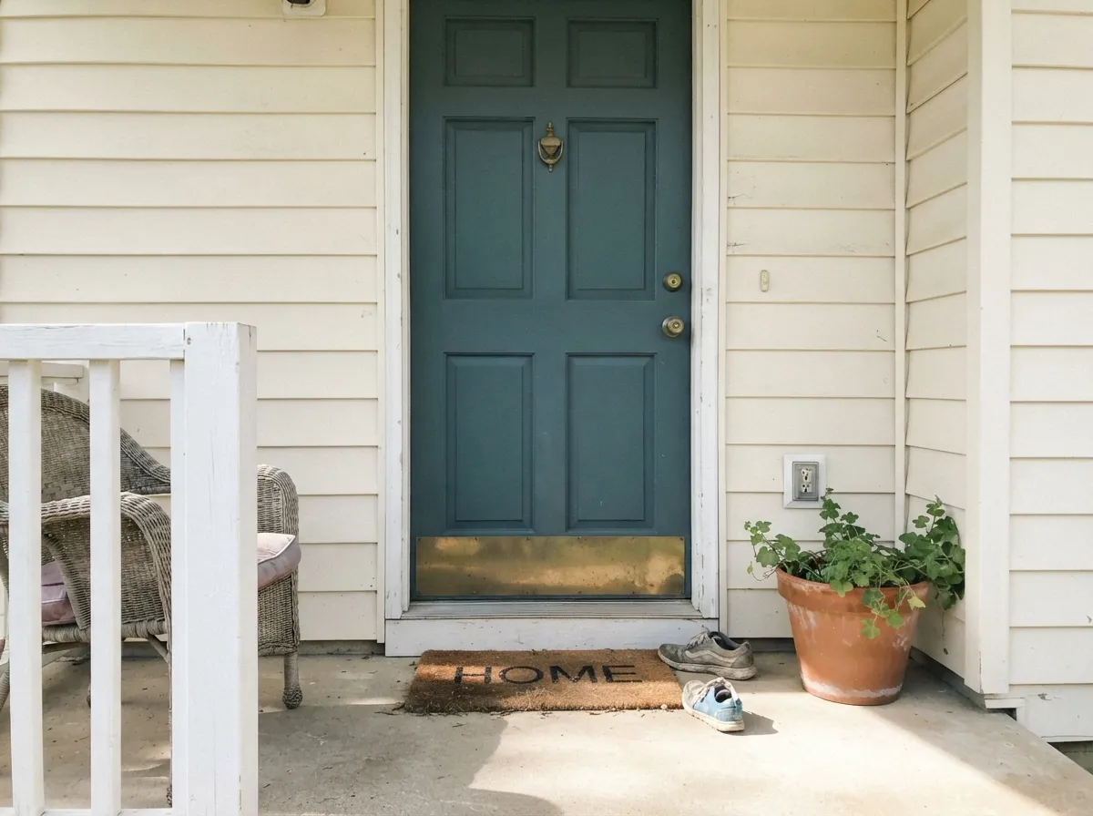 In full outdoor sun it reads clearly blue-gray rather than the murkier indoor version — a confident, non-navy front door.