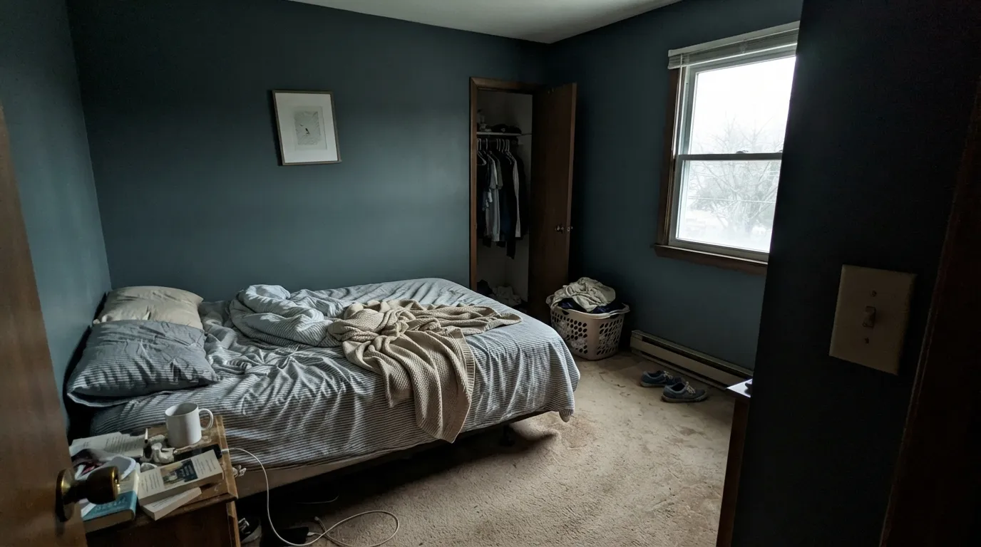 The honest shot: a dim north room with no lamps flattens the color into a near-black slate — the single most common disappointment with this paint.