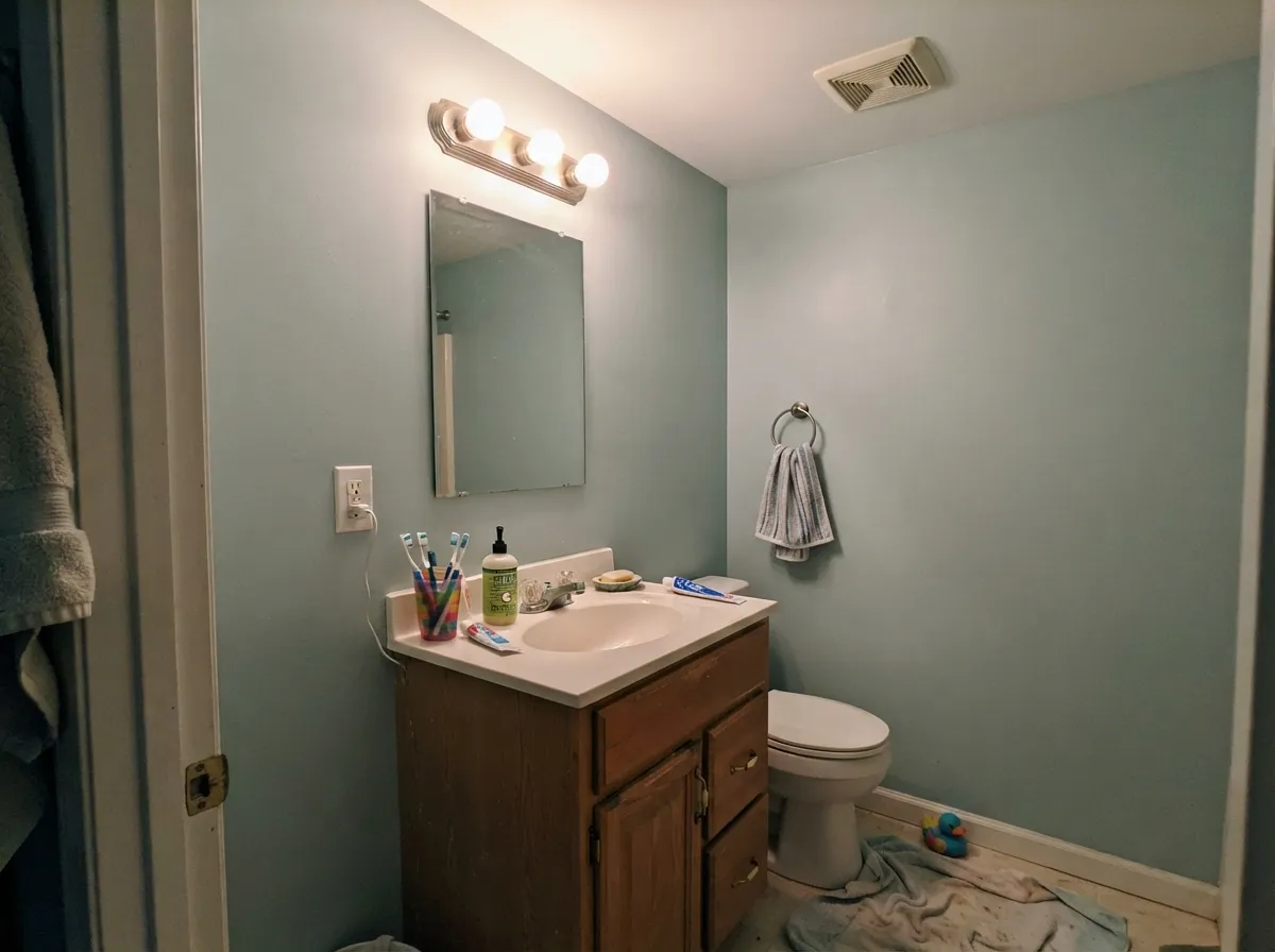 Under warm vanity bulbs in a bath with no window it stays soft and spa-like instead of going blue.
