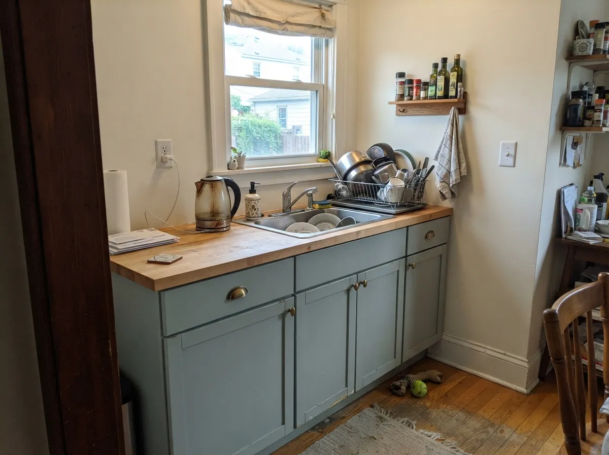 On cabinets it reads quieter than on walls — the satin sheen and the window light both take some of the color away.