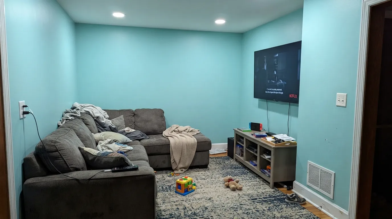 The honest shot: cool recessed LEDs after dark are where Quiet Moments flips to turquoise — the complaint readers make most often.