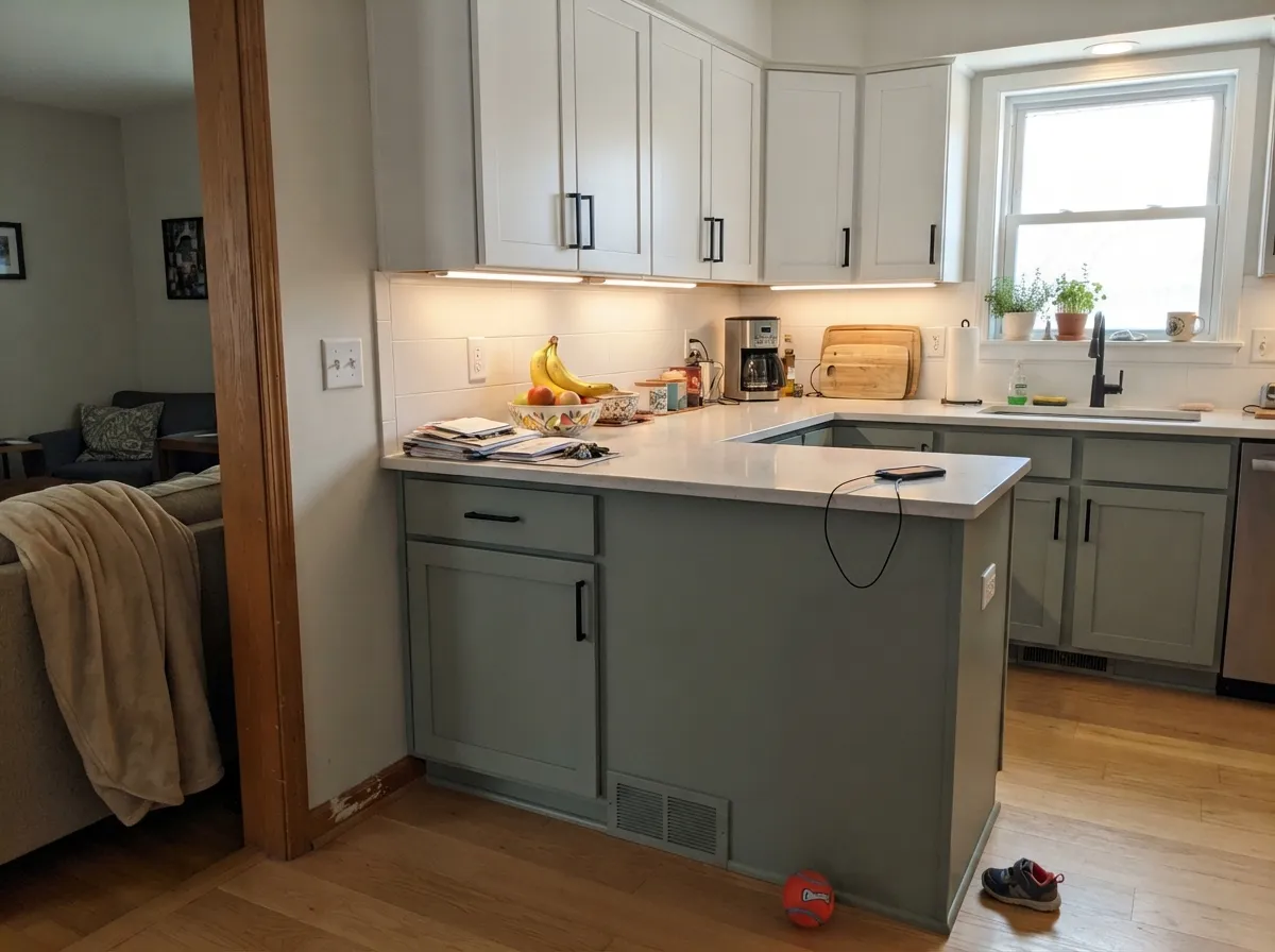 On an island under white uppers it reads as a deliberate, unusual color choice — not just another gray kitchen.