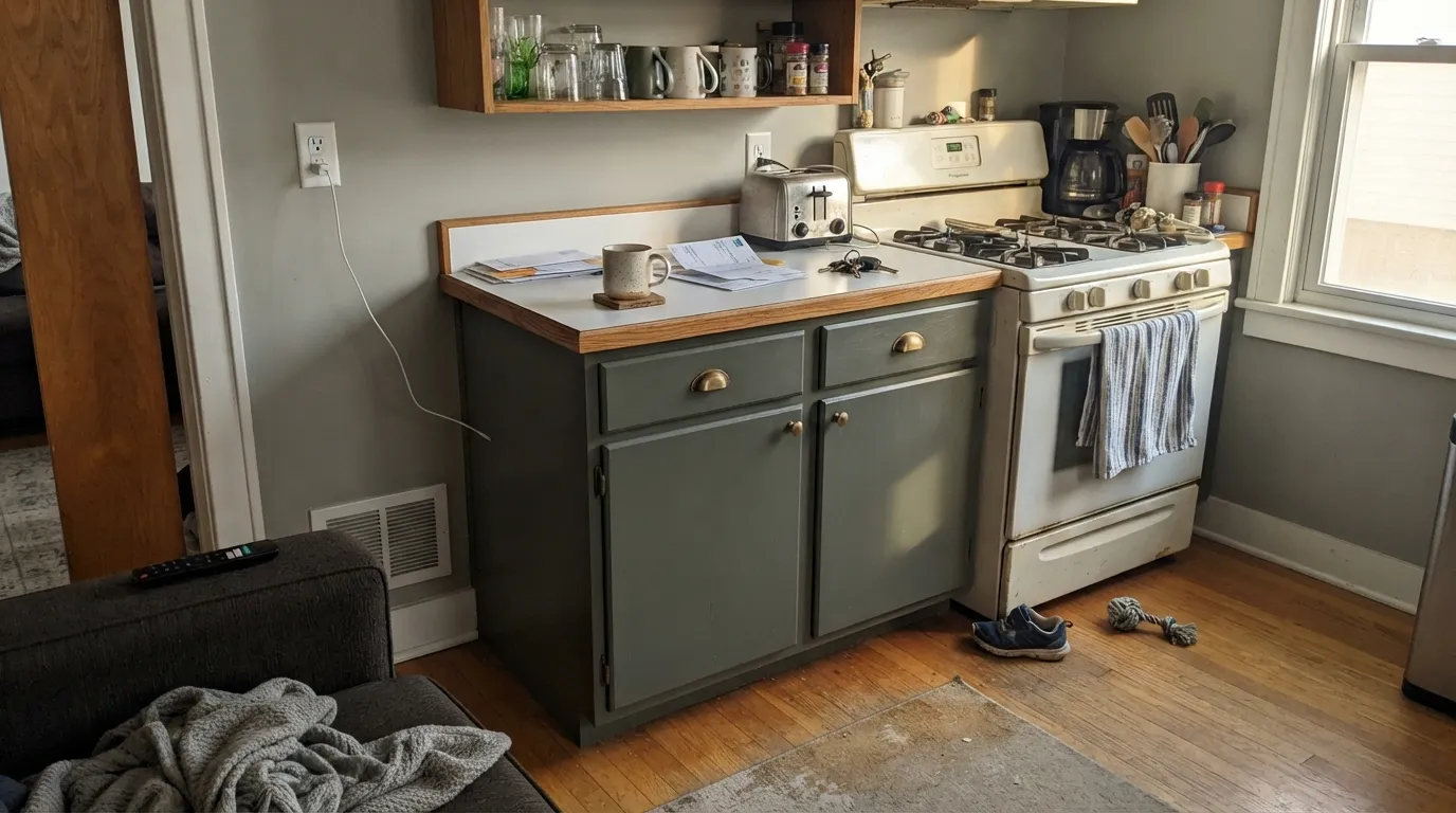 Rainy Afternoon on lower cabinets in real afternoon light — the moss comes forward against warm oak and brass, reading deliberate instead of black.
