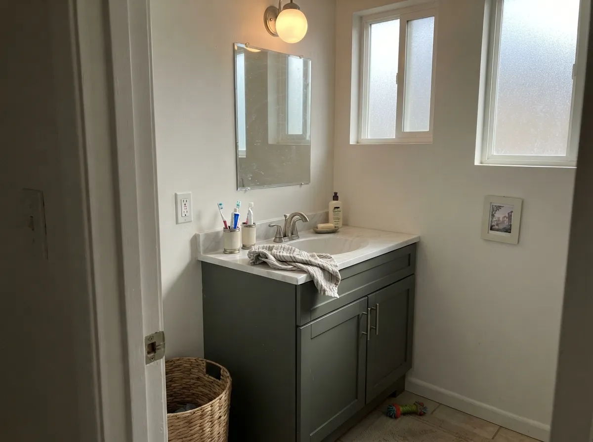 The most common real-world use: a single vanity, painted dark, under warm sconce light — custom-looking without repainting the whole bath.