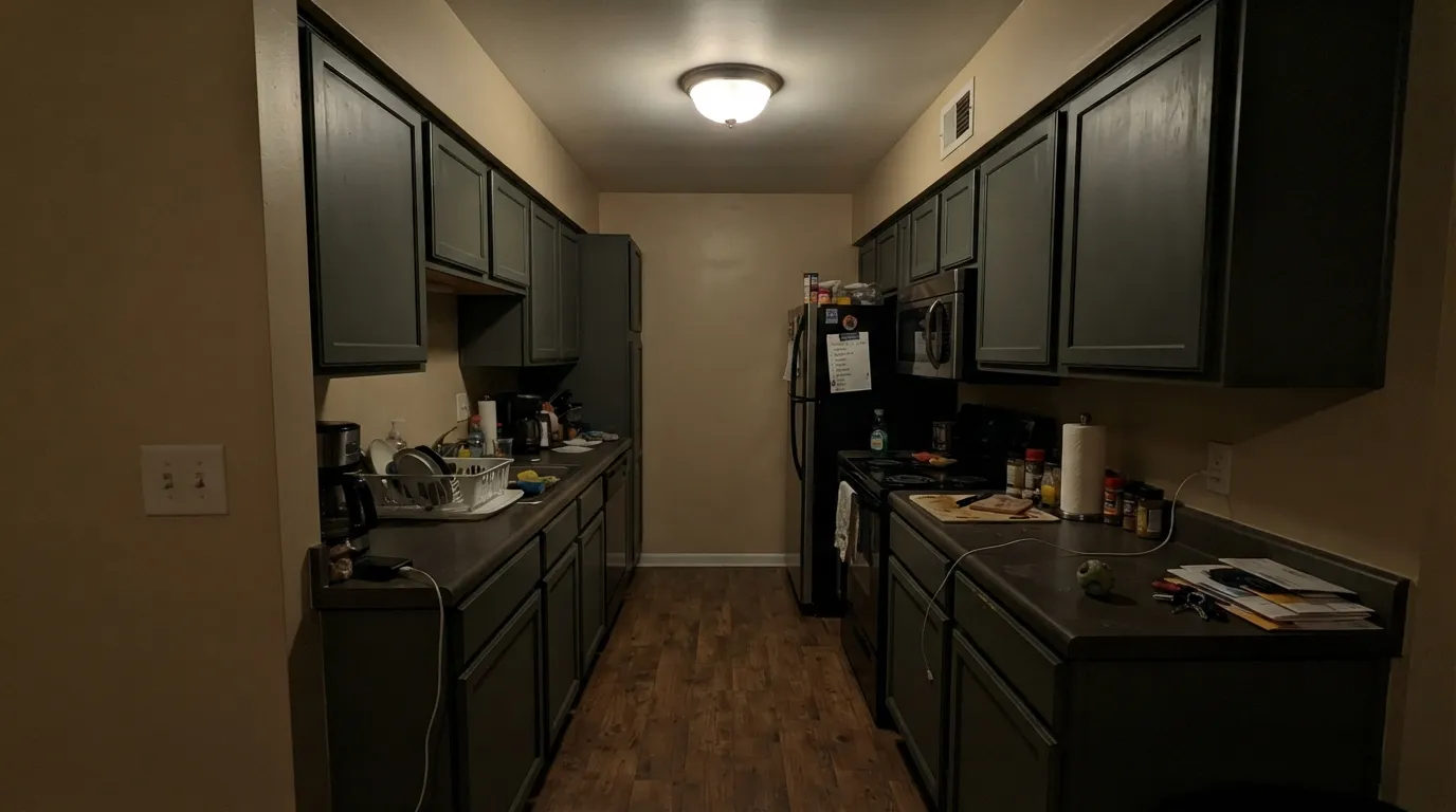 The honest shot: with no window and no task lighting, the green disappears and Rainy Afternoon reads as plain flat charcoal — the exact letdown reported when it's picked from a chip and installed without a dedicated light source.
