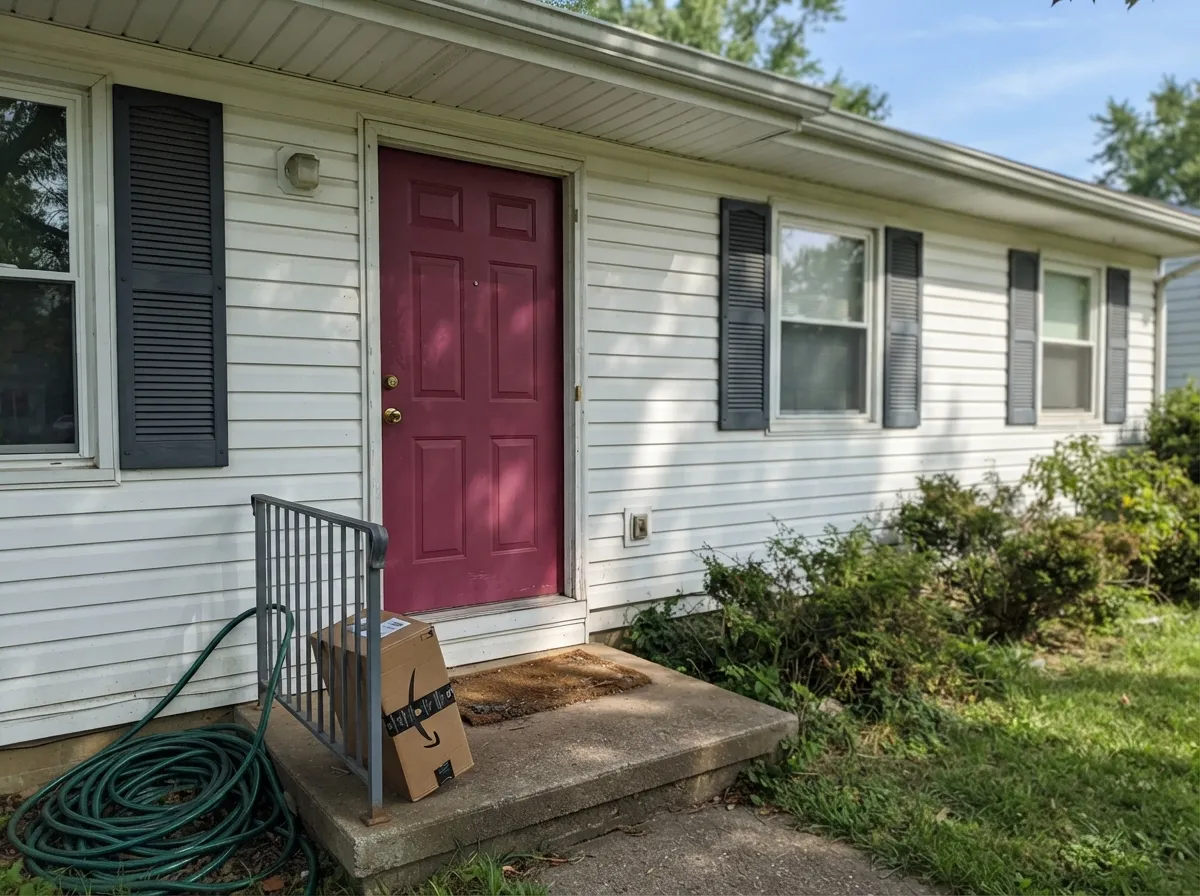 Direct sun is the one time it looks fully, chromatically red — and the plum shade keeps it from going orange the way brighter door reds do.