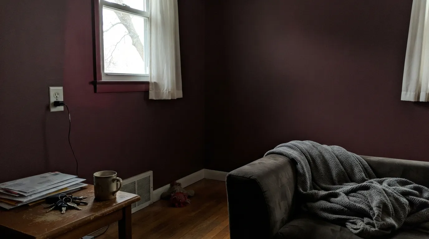 The honest shot: with no lamps and weak north light there is nothing for a dark red to reflect, and the walls go brown-black — the dried-blood look people describe after the first coat dries.
