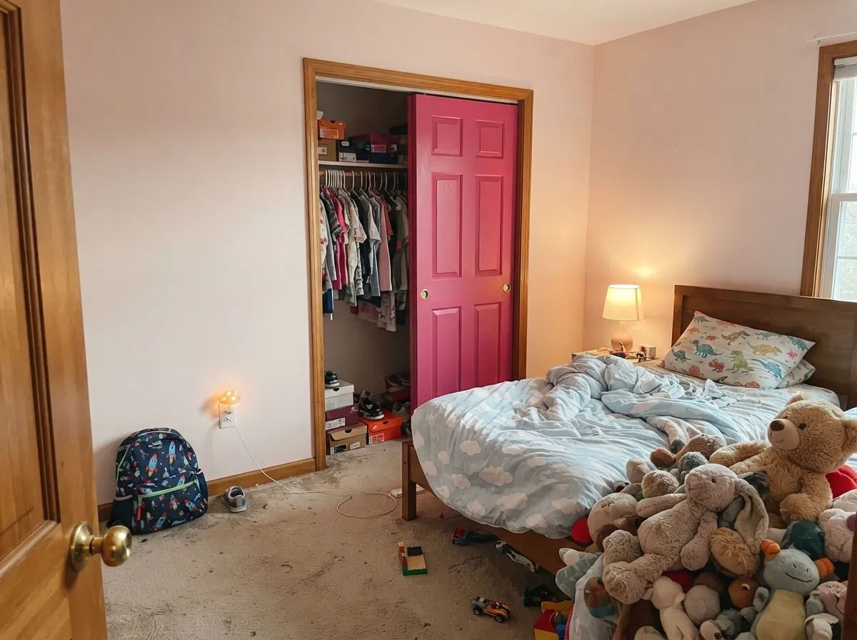 The compromise that works: pale pink on the walls, the hot pink kept to the closet doors — bold where you look, calm where you sleep.