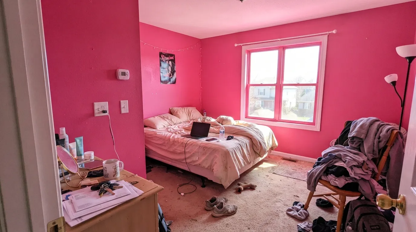 The honest shot: four walls in a bright room and the pink bounces onto the ceiling, the trim and everything else — the exact complaint behind most Razzle Dazzle regret stories.