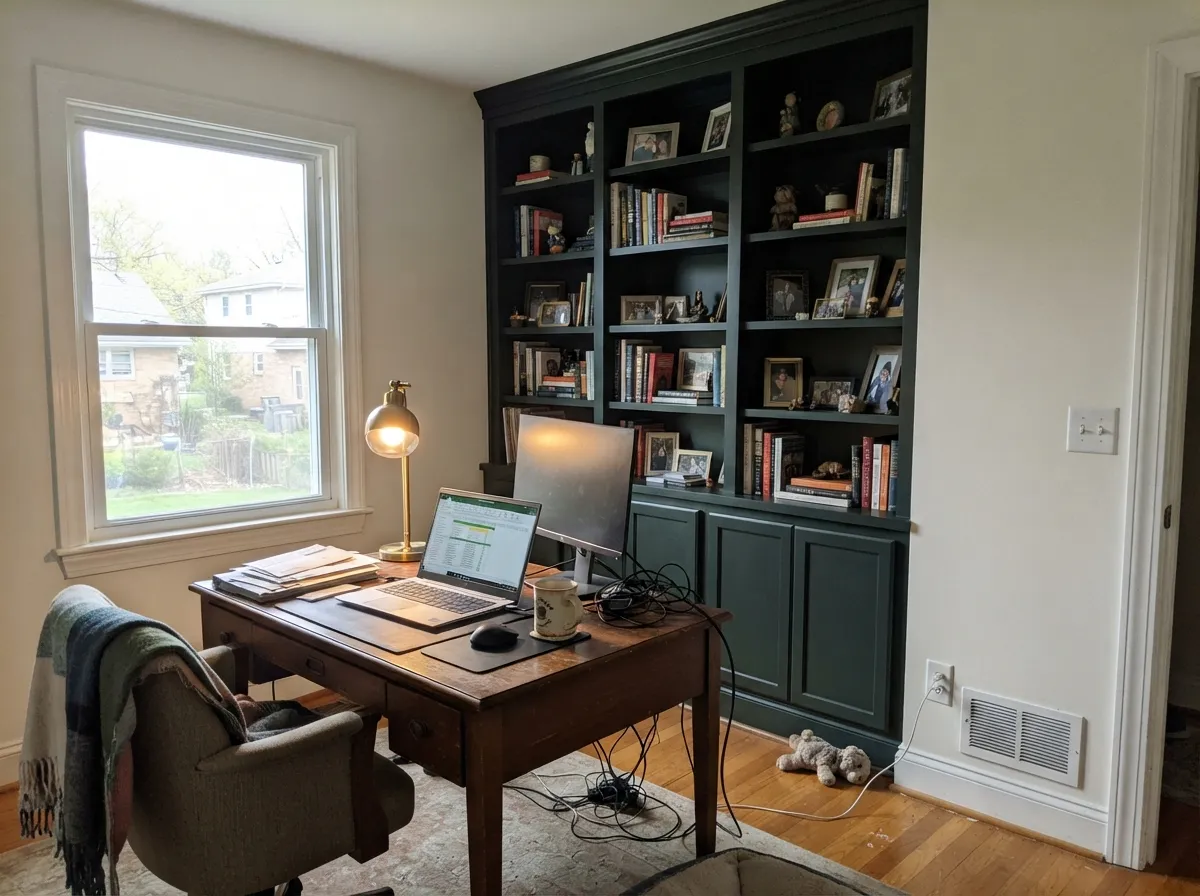 Indoors, with a big window doing the work, the built-ins read as a deliberate near-black with real depth — not just a dark box.