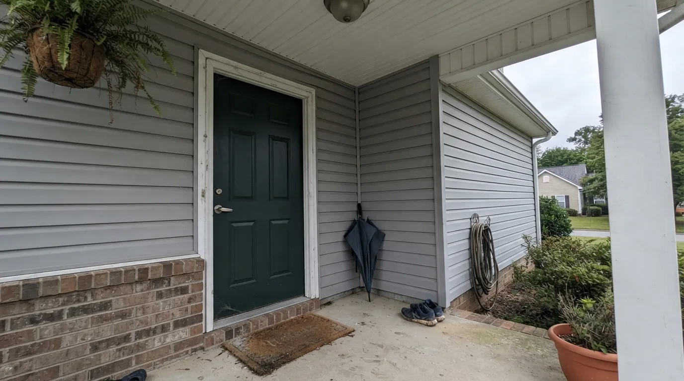 The honest shot: a shaded porch on a cloudy day and Regent Green just reads black — the green that sold the color never shows up.