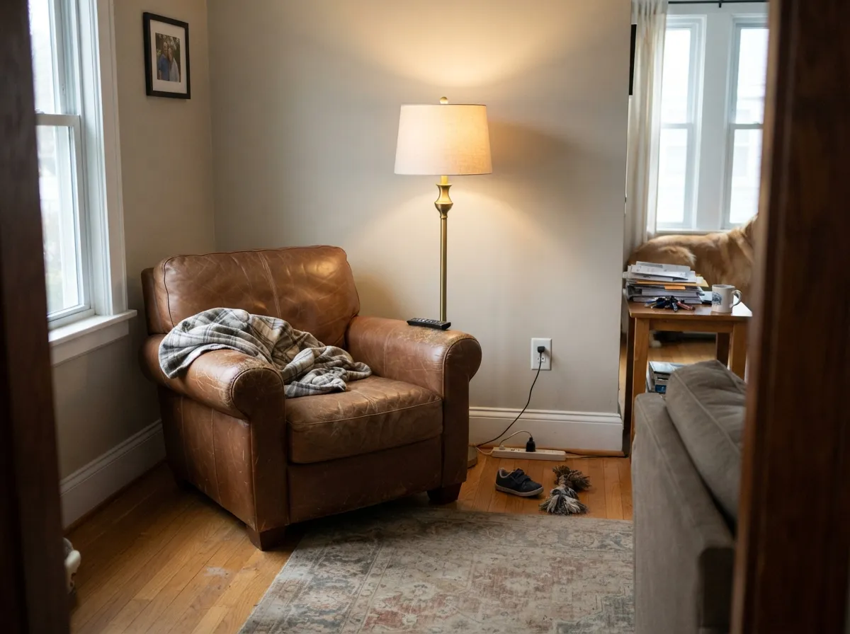 Revere Pewter living room walls with oak floors and a leather armchair.