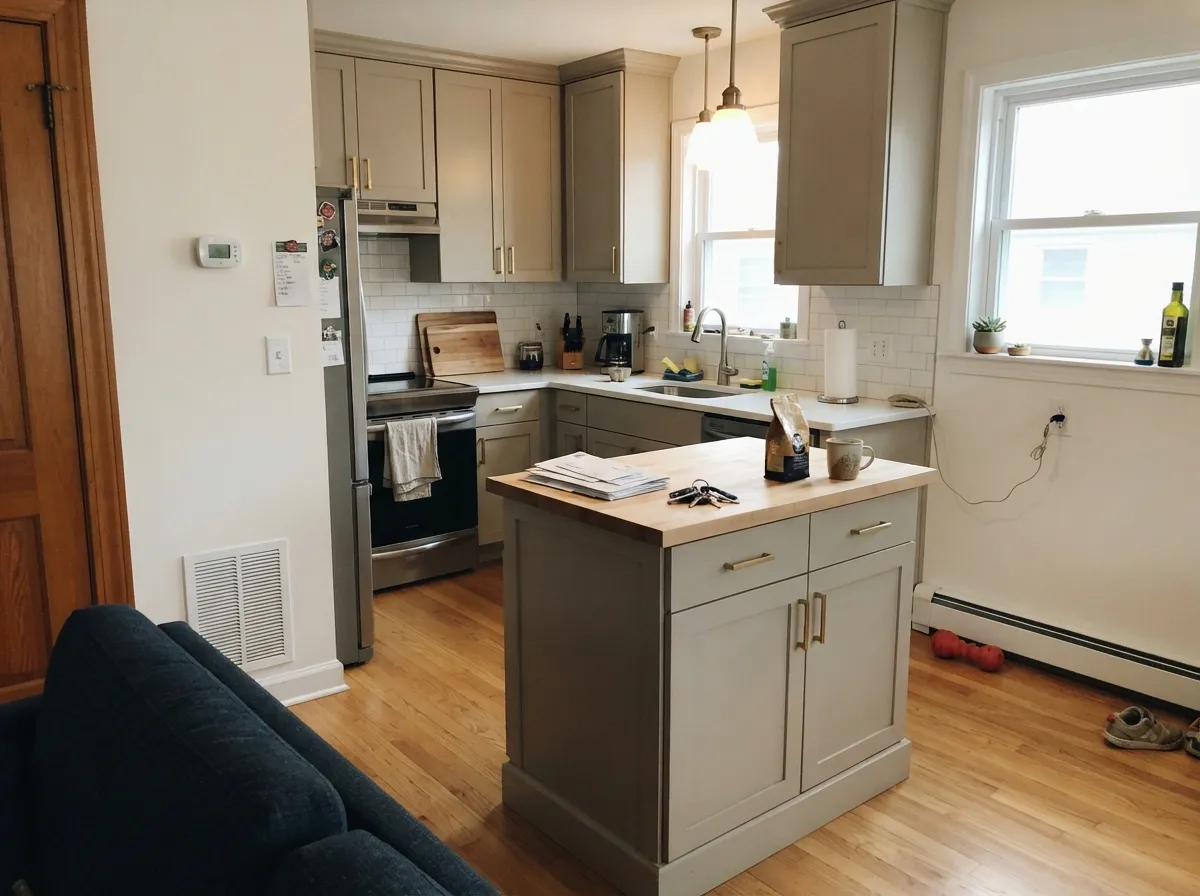 Revere Pewter kitchen cabinets with butcher block and brass pulls.