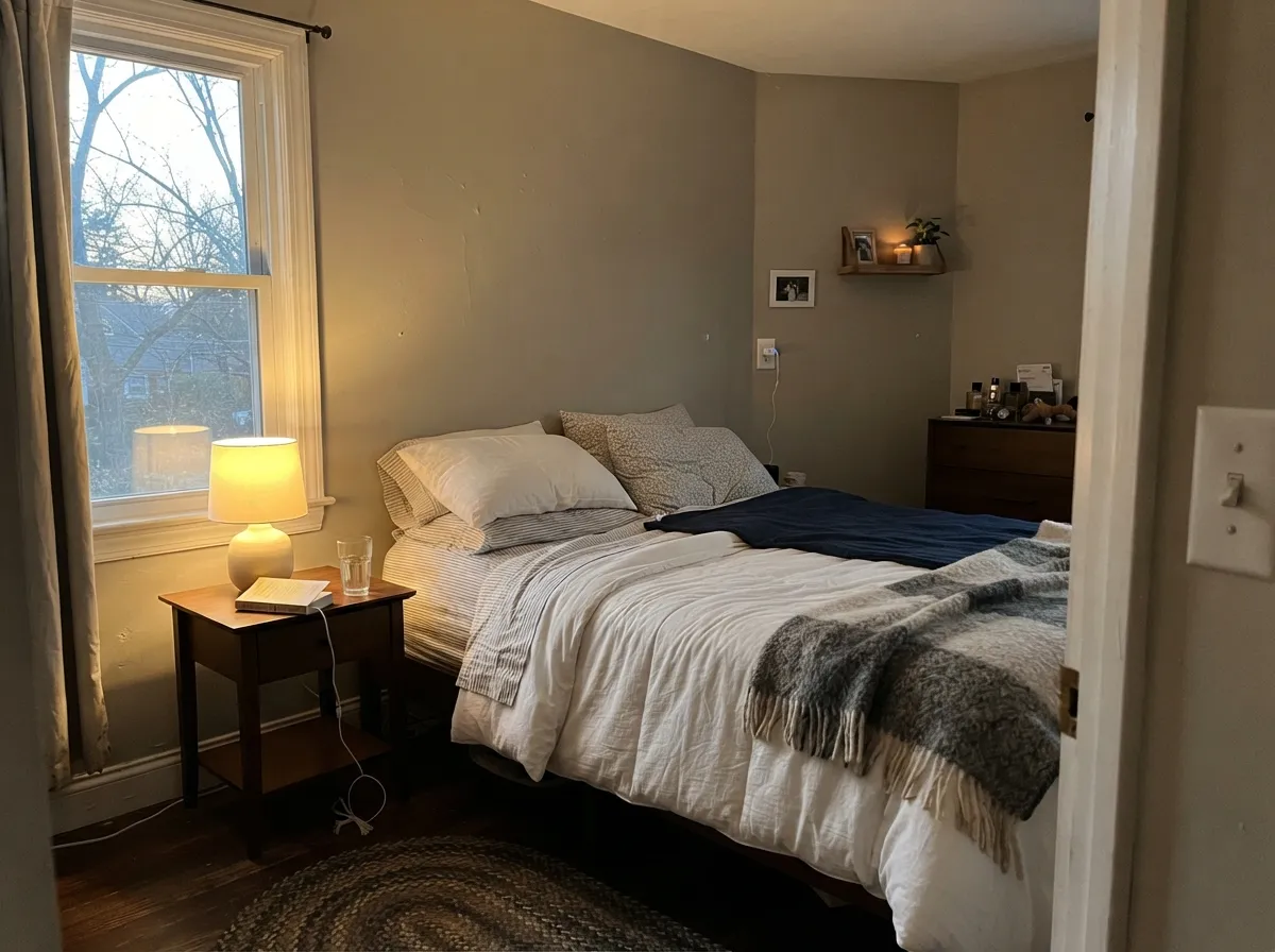 Revere Pewter bedroom walls under warm lamp light.