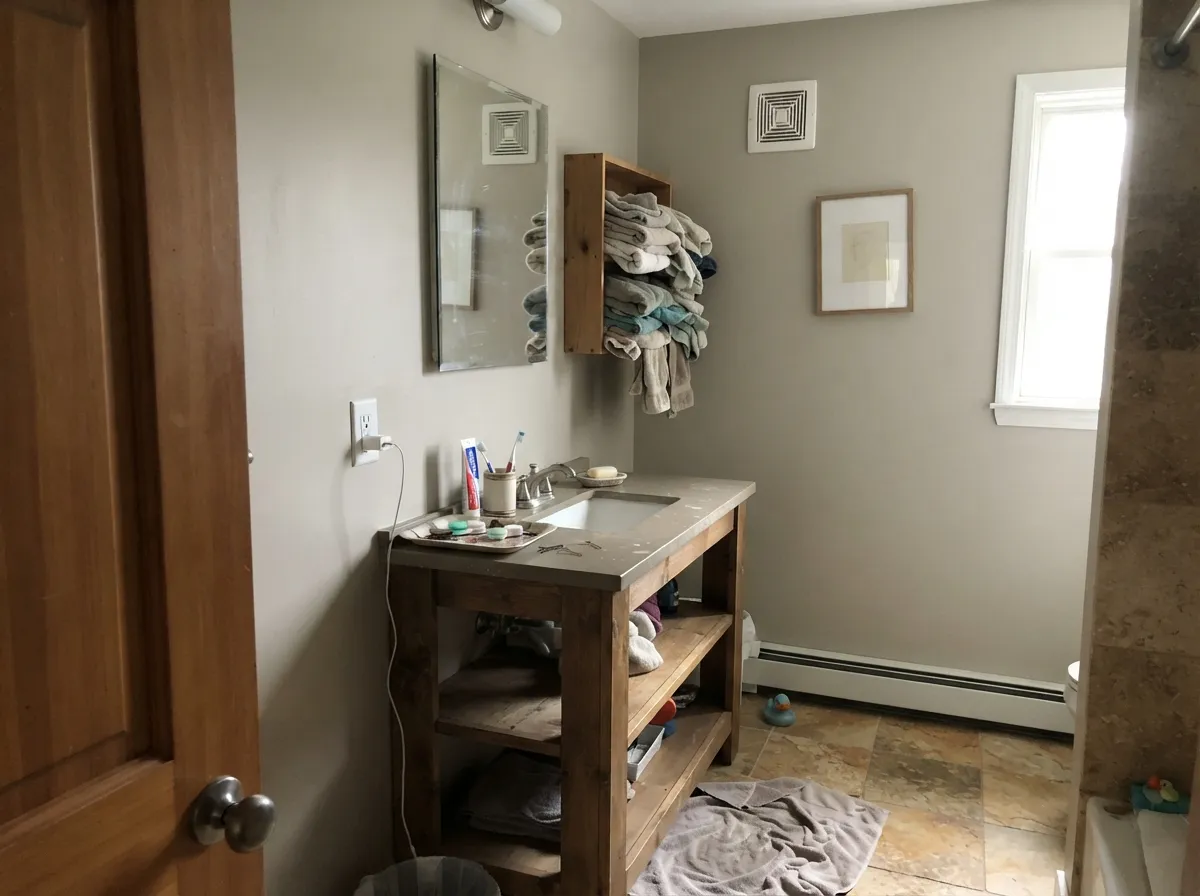 Revere Pewter bathroom walls with warm stone tile and daylight.