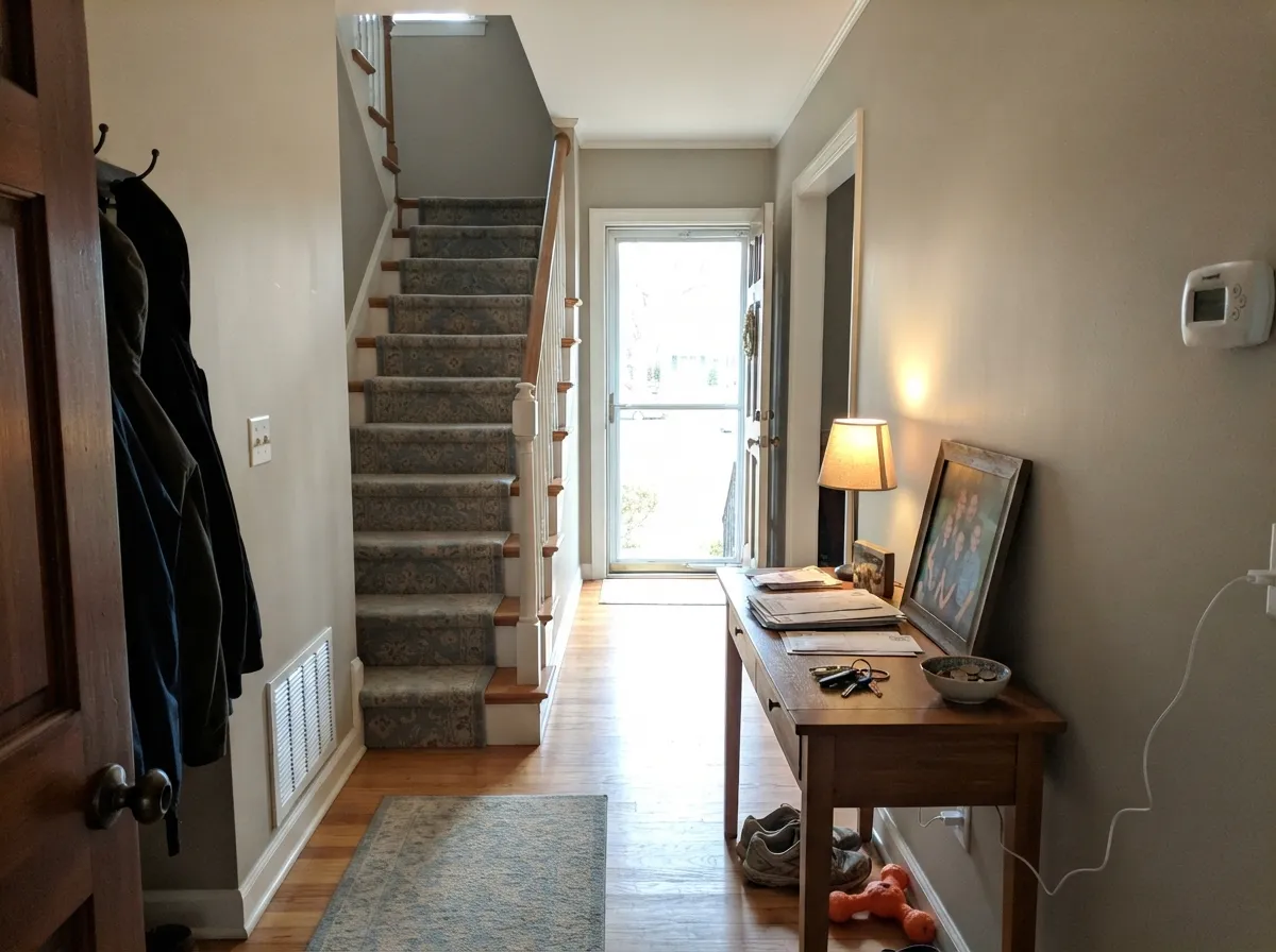 Revere Pewter hallway and stairs lit by borrowed daylight.