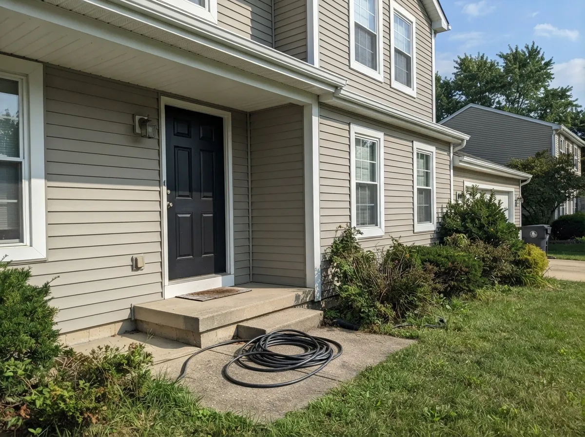 Revere Pewter exterior siding with white trim and a dark front door.