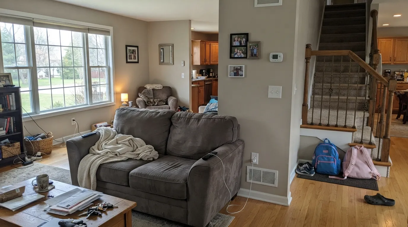 Revere Pewter where it still wins: an open floor with oak, bronze and real daylight — warm, grounded, not dated.