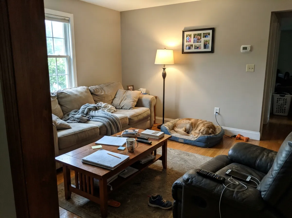 With leather and lamplight the beige side comes forward — cozy, not gray.