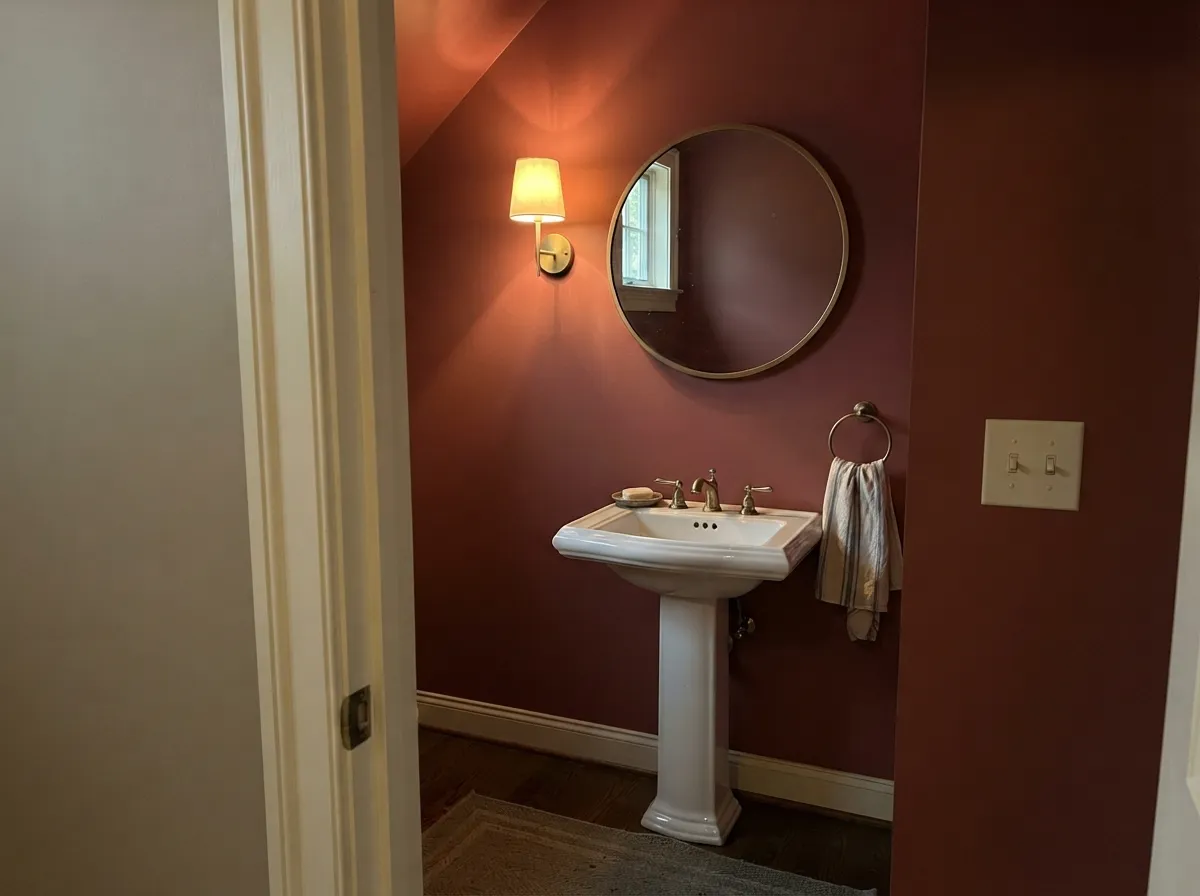 The four-minute room: in a powder room the saturated red reads confident instead of risky, and one gallon covers the whole job.