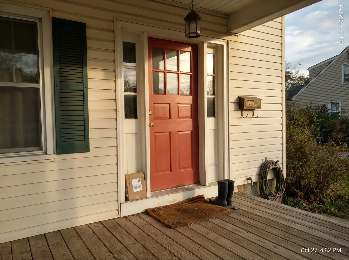 A warm red door against cream siding — the earthy side of the color keeps it from looking fire-engine bright, though south-facing doors will want a refresh before the siding does.
