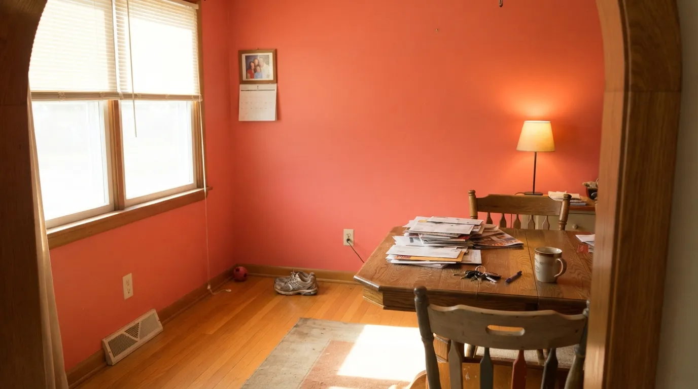 The honest shot: full midday sun pulls the pink-orange forward and honey oak amplifies it — the exact combination behind most red-room regret stories.