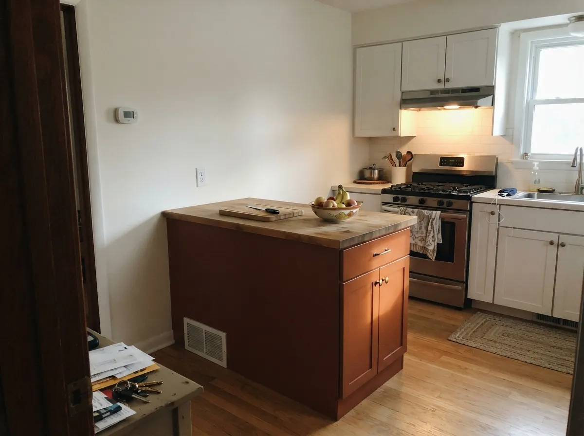The job this color does best in a kitchen: one island, brass hardware, and it looks custom instead of overwhelming.