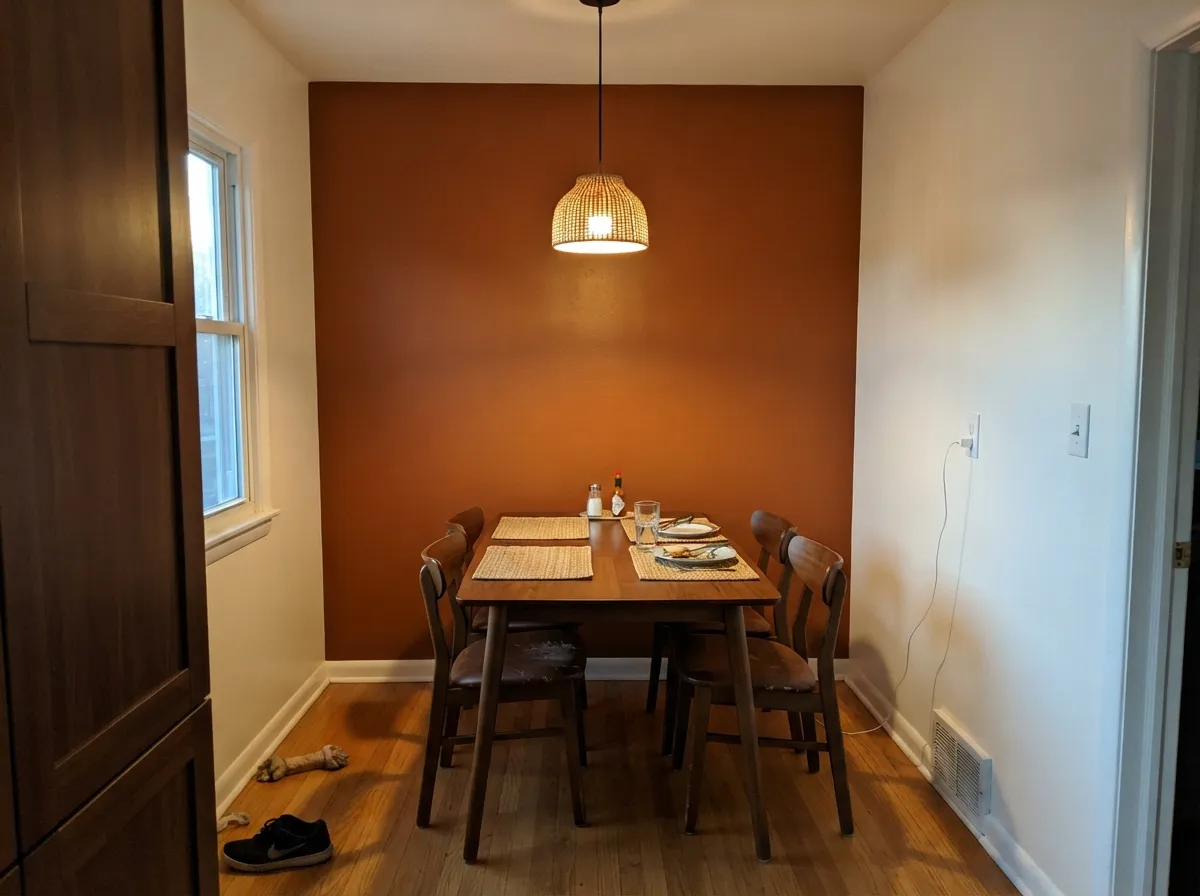 One accent wall under evening light — walnut and warm lamps are exactly the company this color wants.