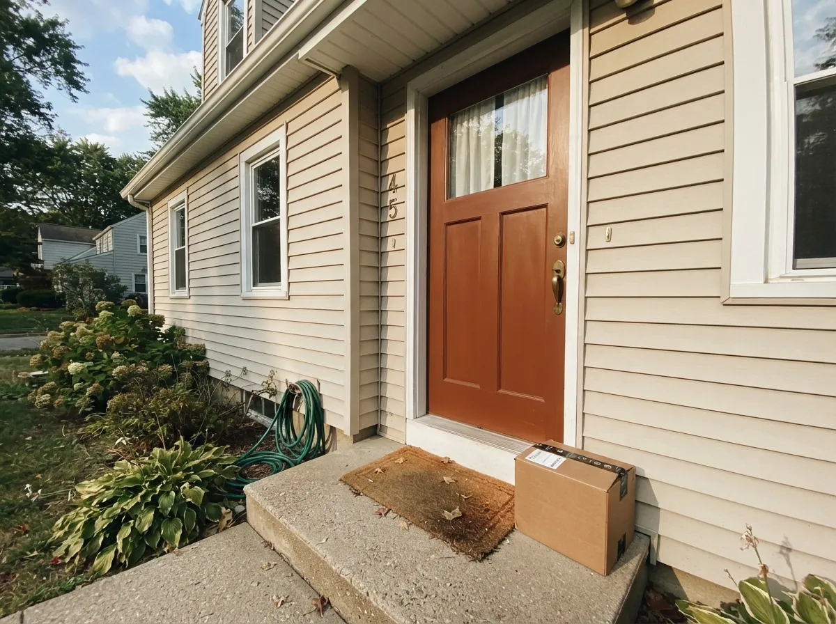 On a front door in afternoon sun the gold comes up and it looks like a wood door with a great finish — the quiet alternative to a black door.