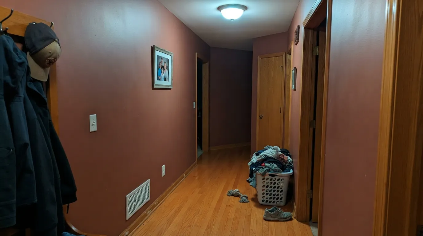 The honest shot: over honey oak with no daylight and a cool bulb, the red drains out and walls, trim and floor blur into one muddy wood tone.