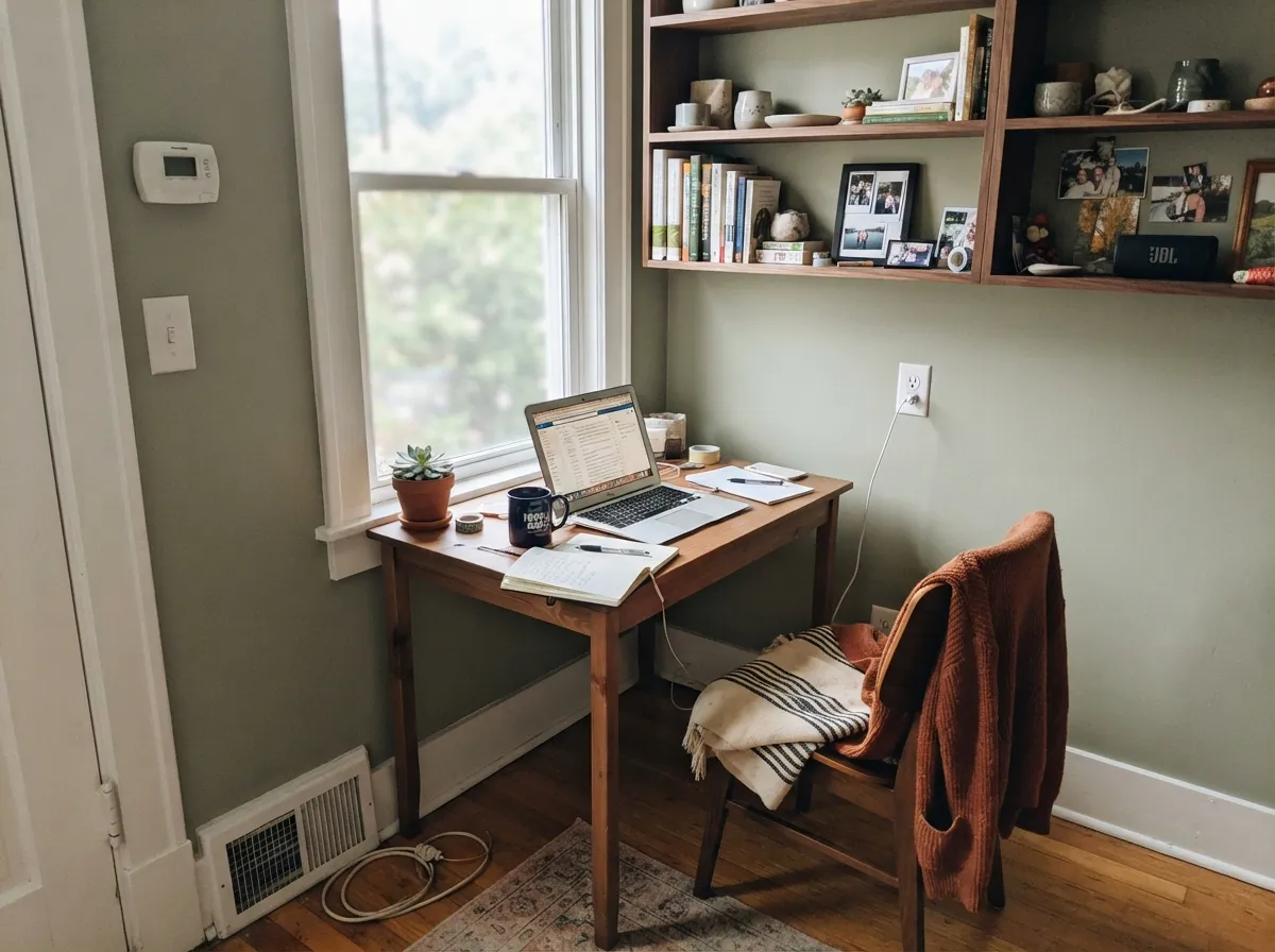 In real daylight with walnut shelving it settles into a calm, focused gray-green — a favorite for small offices and dens.