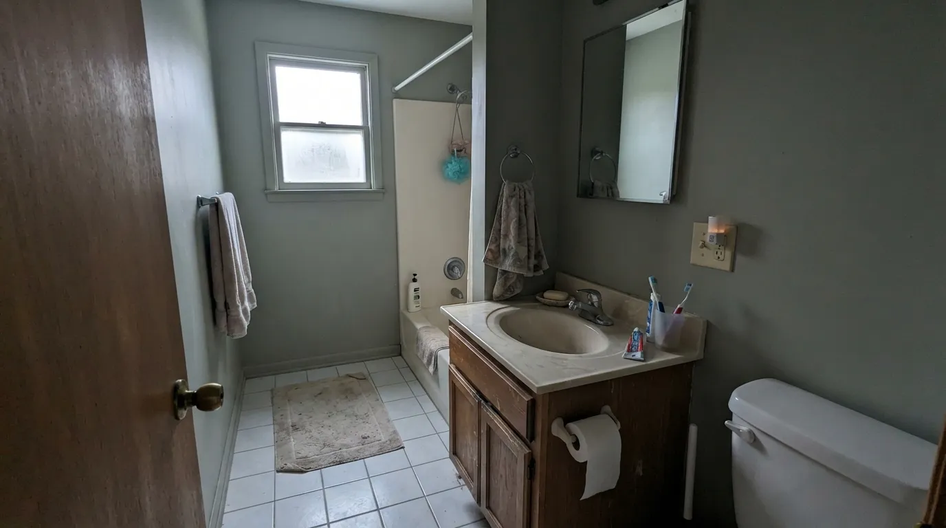The honest shot: cool north light plus cool white tile and chrome drains the warmth and leaves a flat, institutional green — the pairing to test before committing a whole room.