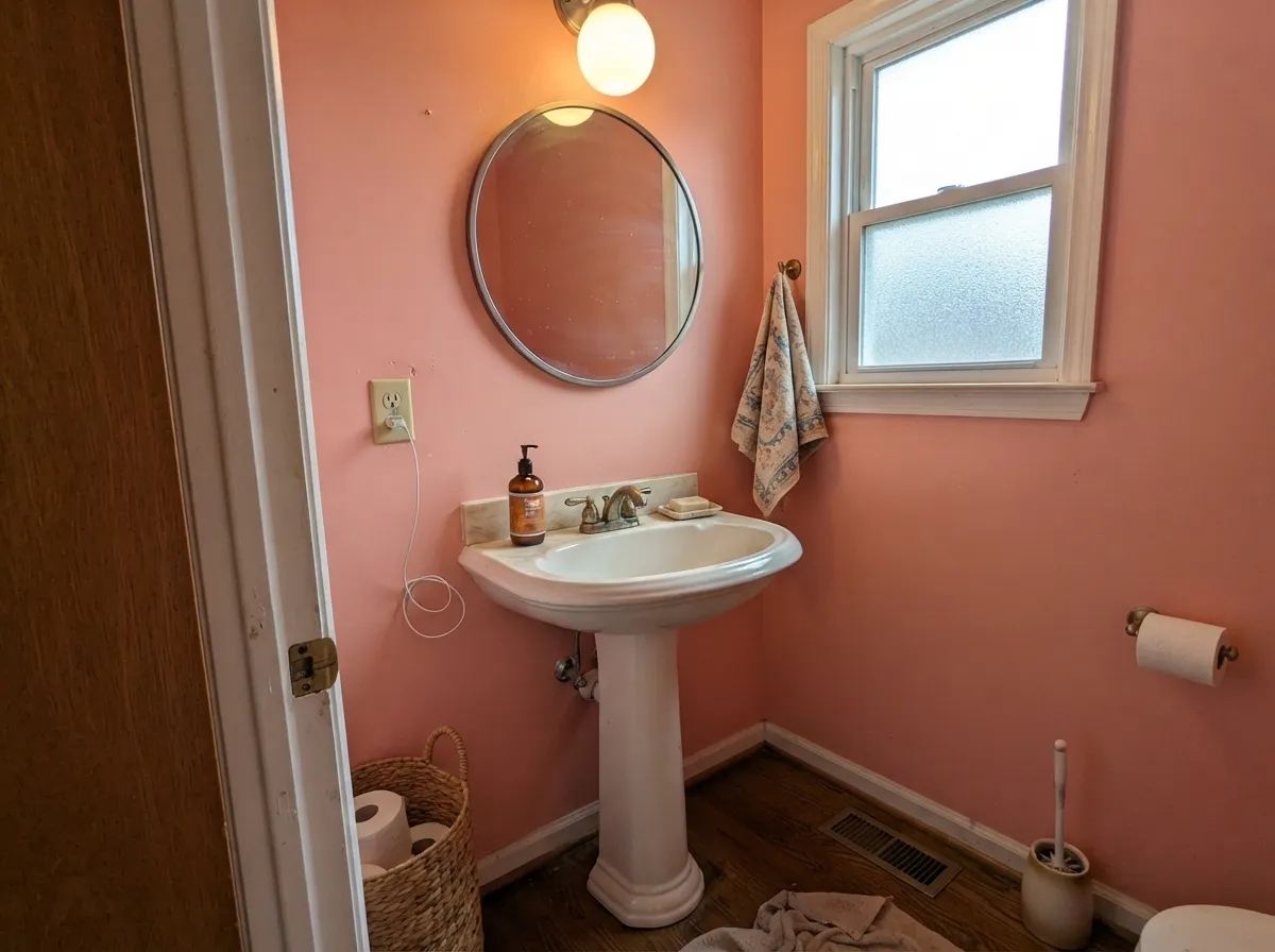 In a small powder room with brass fixtures the pink reads custom, not childish — one of its best jobs.
