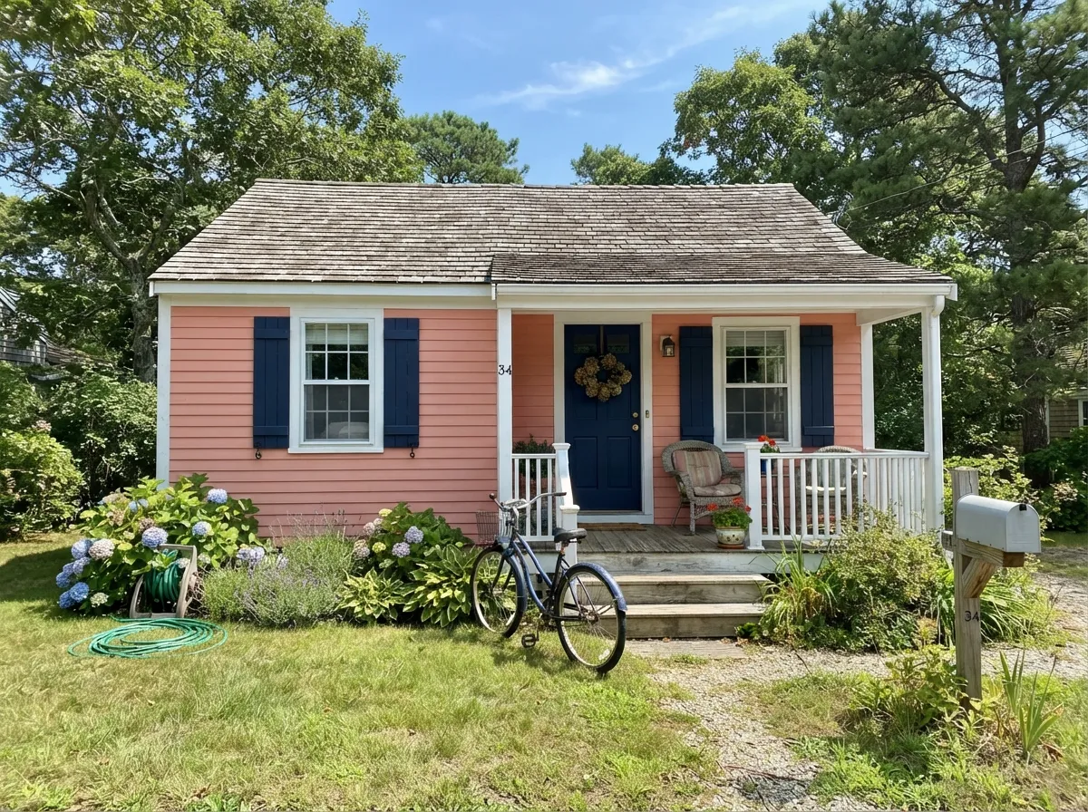 One of the few Benjamin Moore pinks rated for exteriors — navy shutters lean into the nautical name.