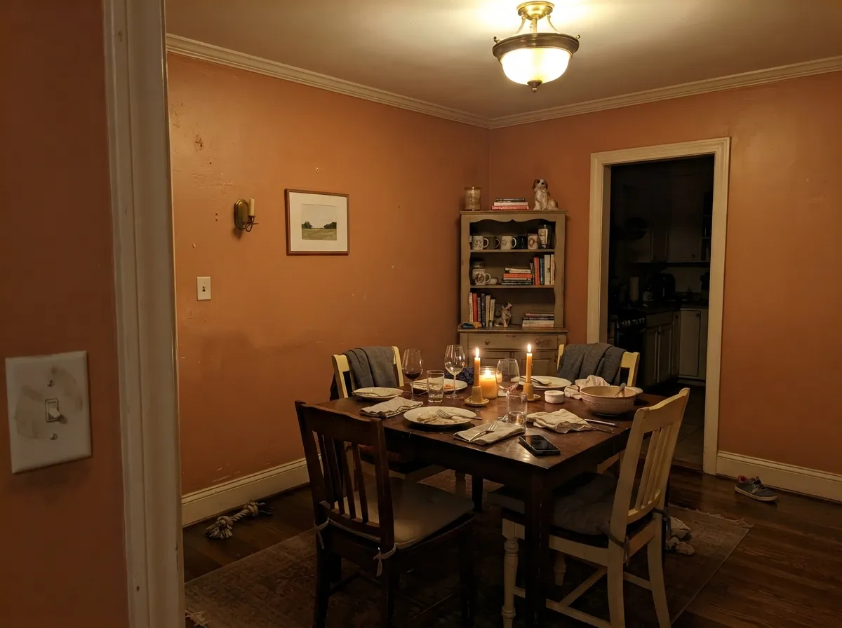 Evening is its best light: under warm bulbs the orange settles into fired clay, with Dove Wing trim keeping the ceiling from closing in.