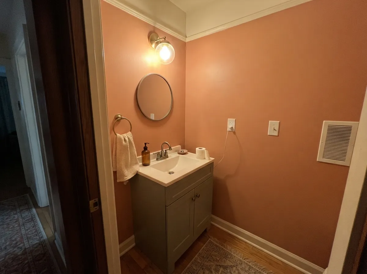 In a small windowless room all four walls work — no daylight to lift the orange, and the muted green vanity keeps it from feeling like one hot color.