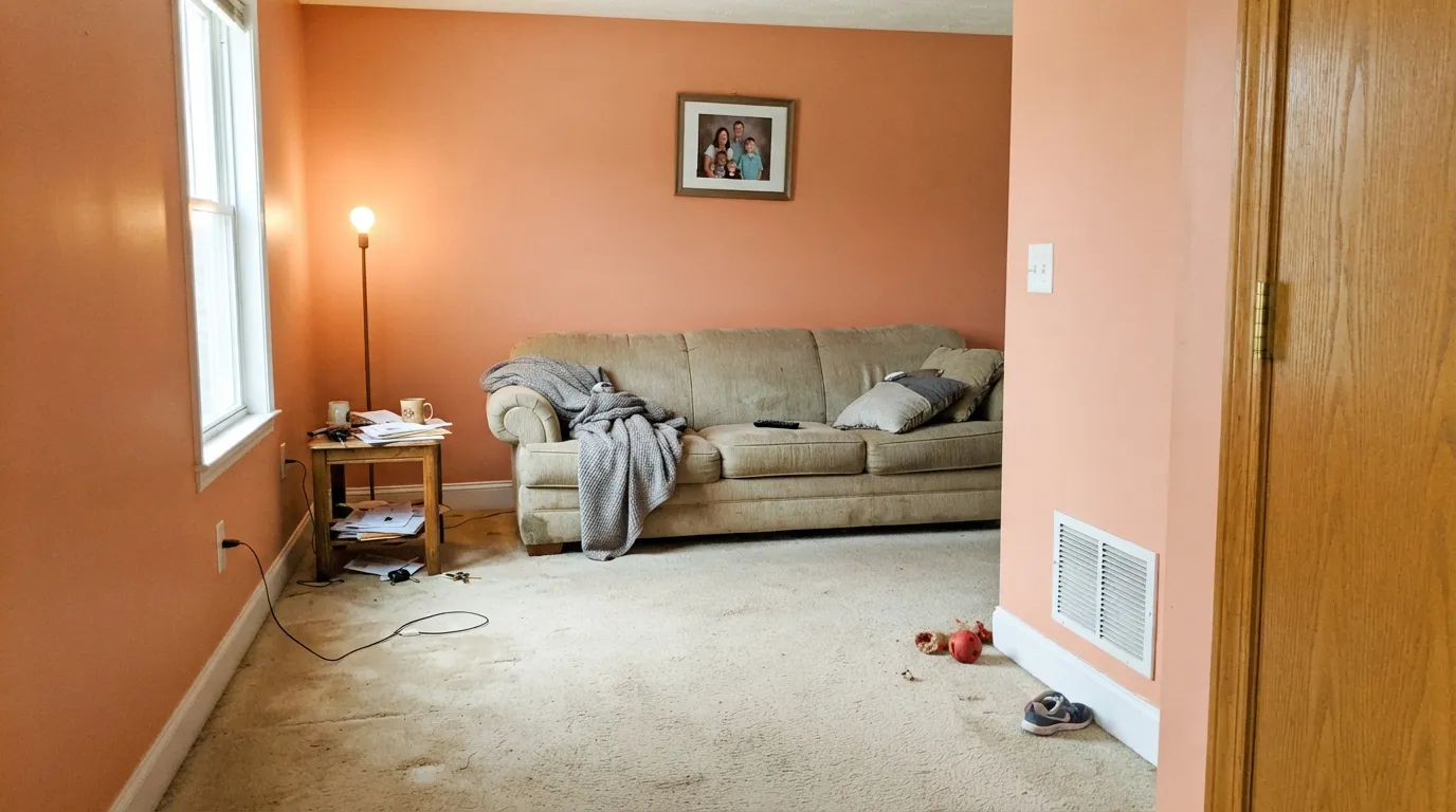 The honest shot: bright daylight, stark white trim and beige carpet turn the clay into 1990s salmon — the single most common regret with this color.