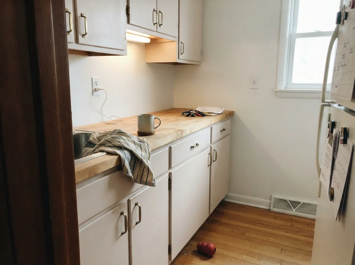 The combination Benjamin Moore itself recommends: Sand Dollar cabinets, brass hardware, warm wood.