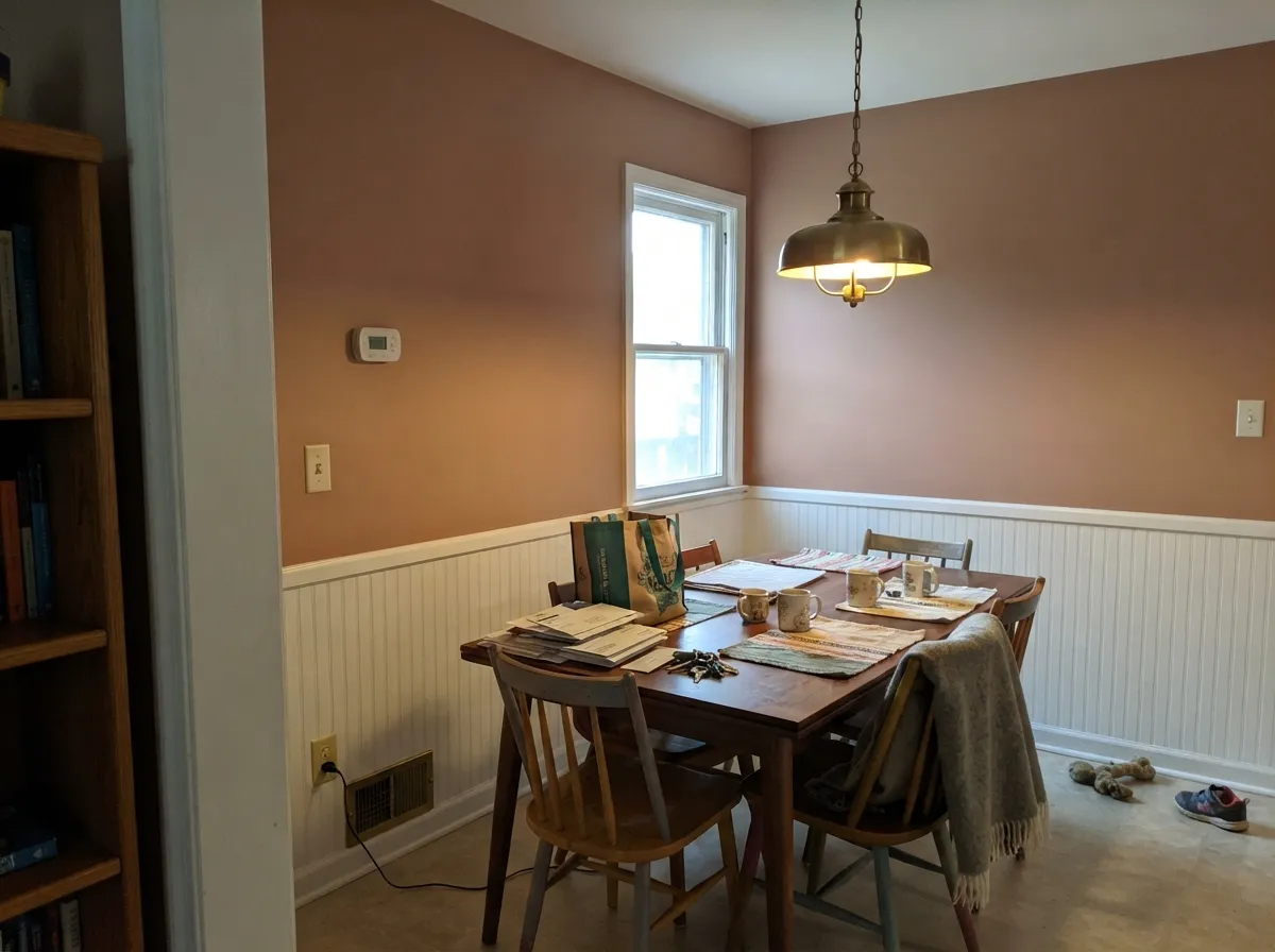 Under warm evening light and walnut furniture, the clay-red goes formal and grounded instead of rustic.