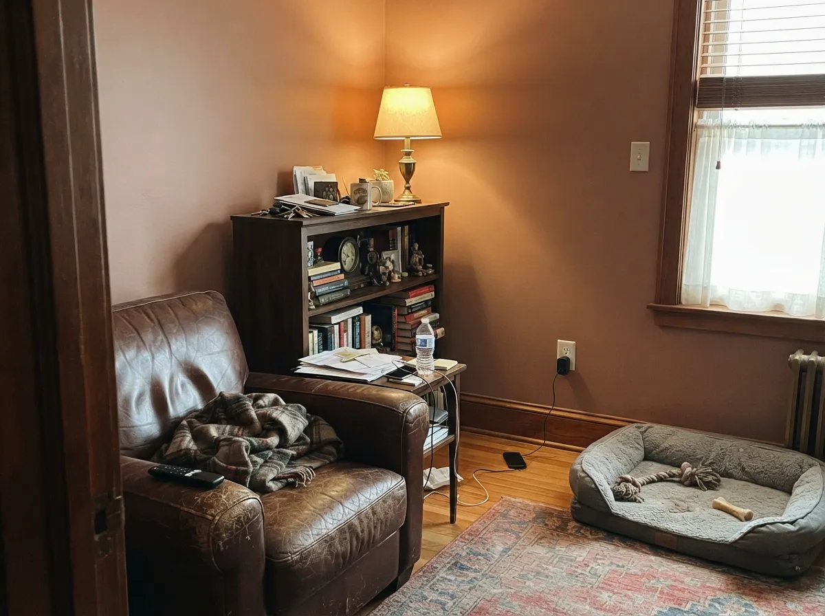 In a low-lit den with leather and walnut, the color reads deep and deliberate — this is its best indoor company.