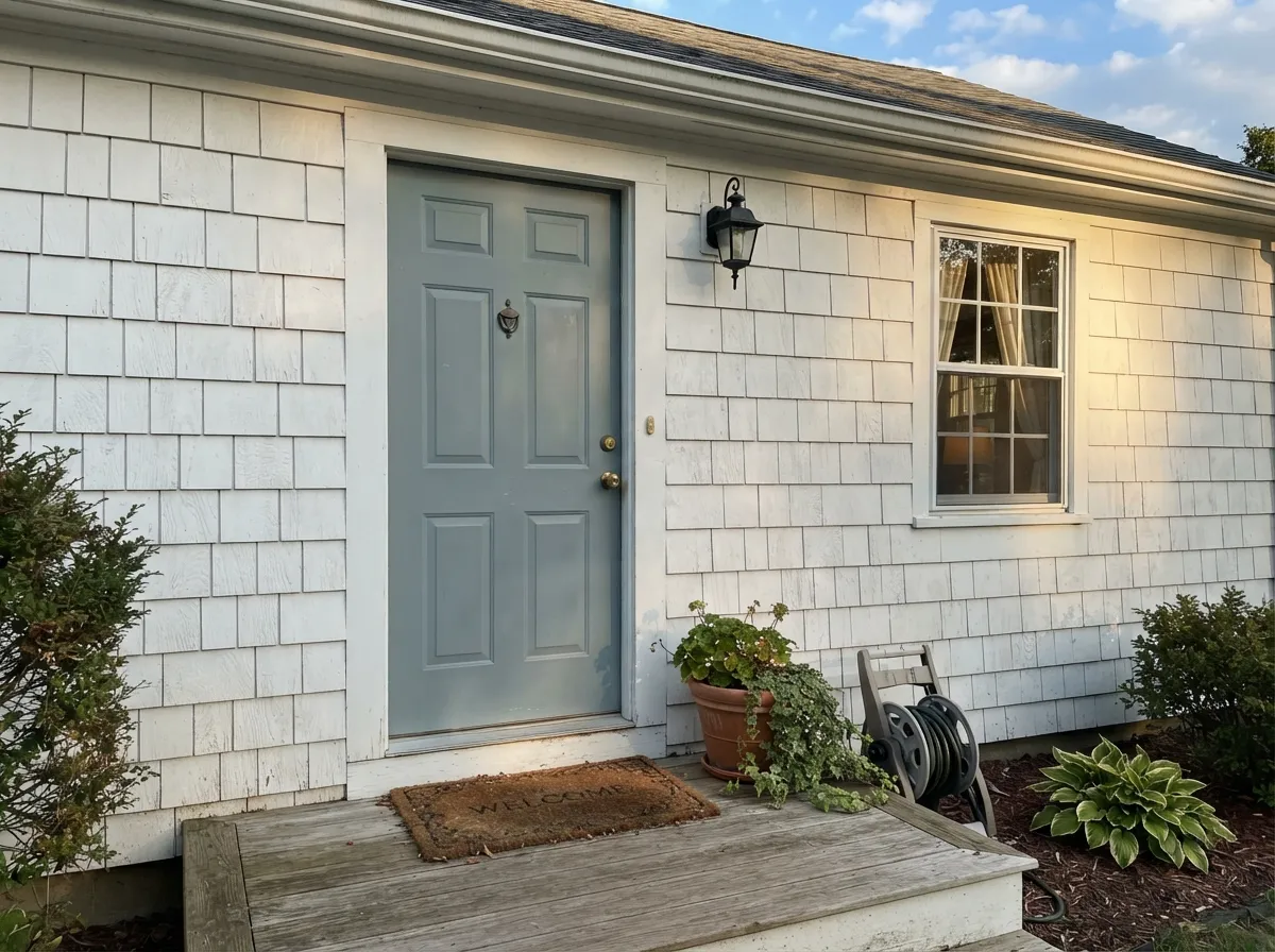 Against white siding in full outdoor daylight, Santorini Blue reads tailored and a little historic — one of its strongest jobs.
