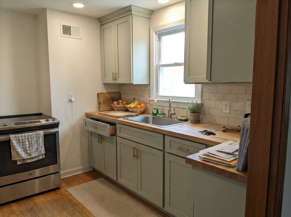On cabinets with brass and white oak, the green looks decided but never loud.