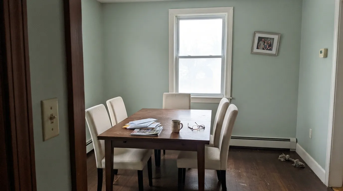 The honest shot: cool east light plus cream furniture is exactly when Saybrook Sage flips to mint.