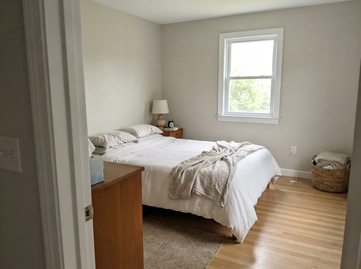 Sea Salt bedroom walls keeping a small room feeling open.