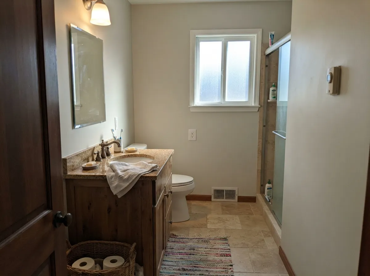 Sea Salt bathroom walls with a wood vanity and brass fixtures.