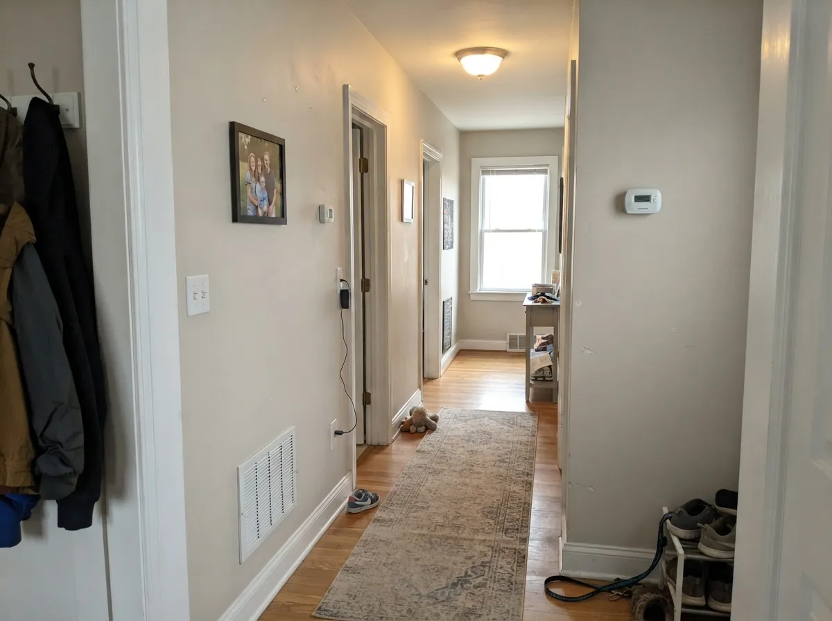 Sea Salt walls running consistently through a long hallway.