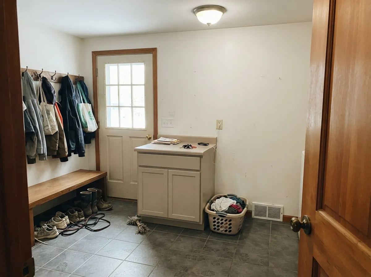 Small-scale joinery is where it works best: soft painted cabinets that hide hands and boots, not a statement.