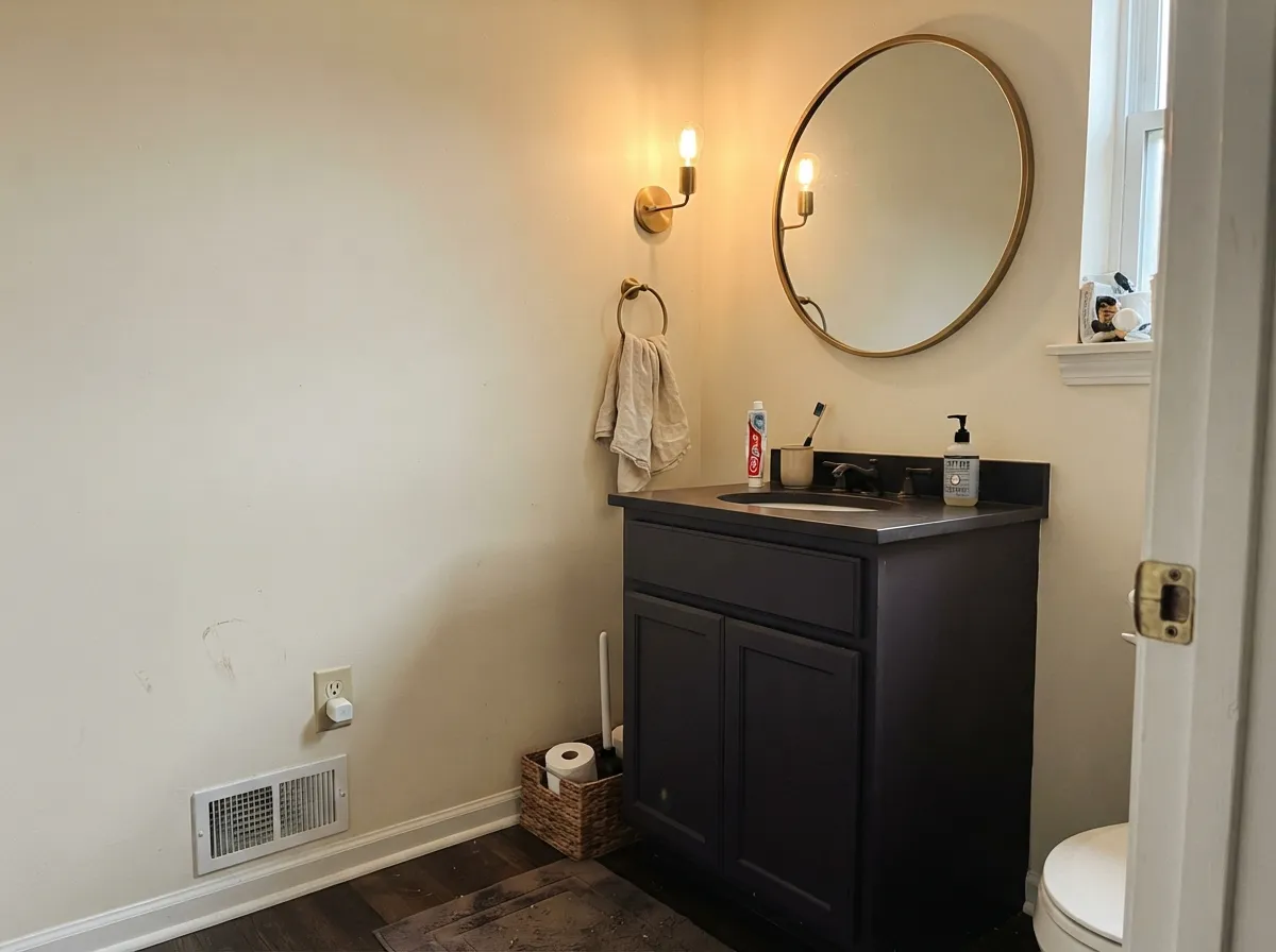 The designer move: a Shadow vanity against pale walls, with brass doing the work of catching the violet.