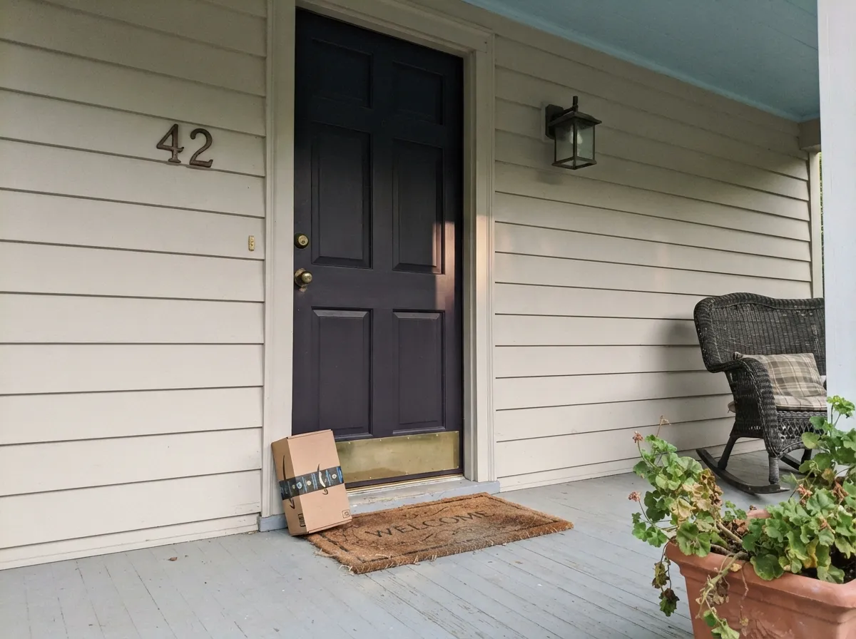 On a sheltered front door, out of direct sun, the violet still shows through — brass hardware keeps it from reading flat.