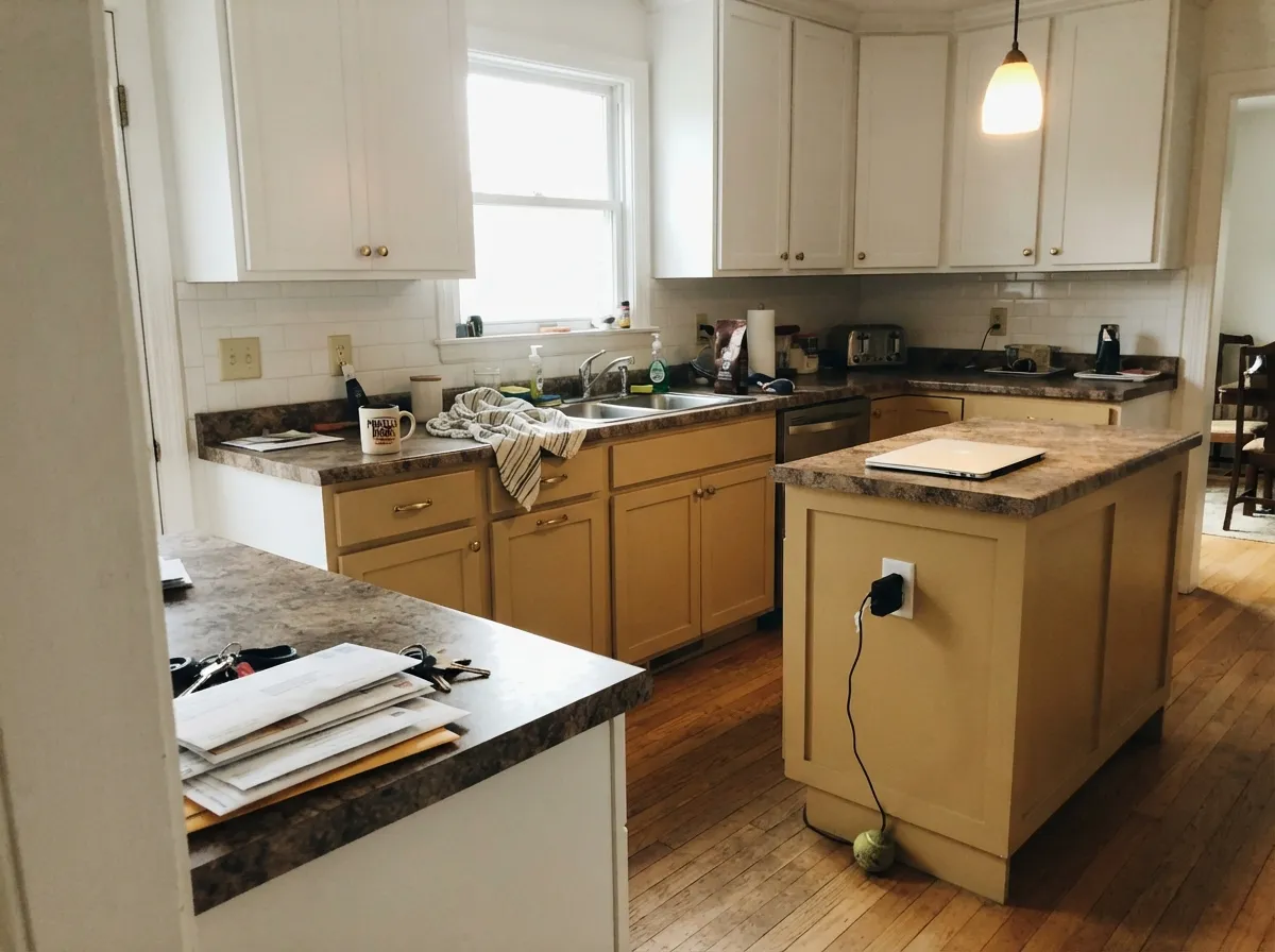 On an island under white uppers it reads warm and custom without turning the whole kitchen beige.